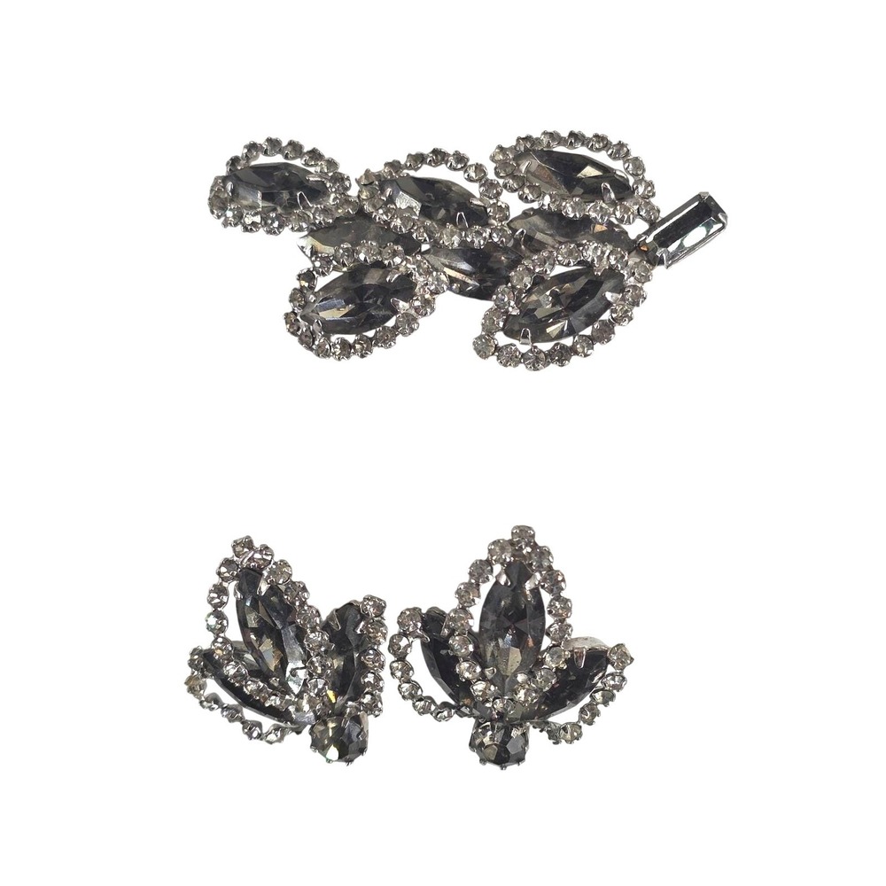 Vintage Albert Weiss Black Diamond & Clear Rhinestone Brooch Earring Set MCM